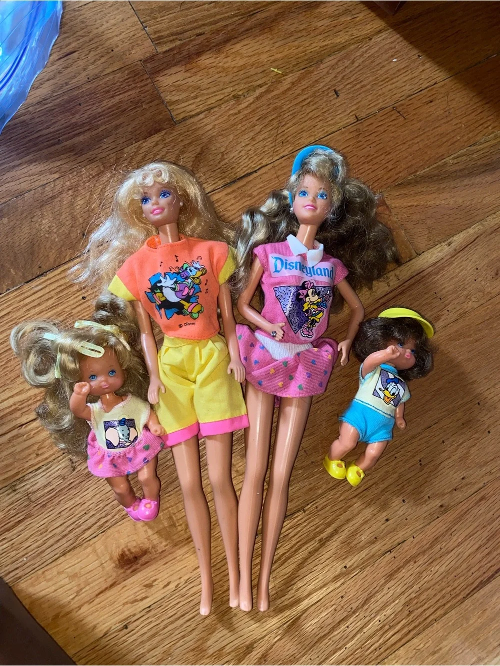 Vintage Disney land Barbies and baby Dolls Set in Pink, Yellow & Blue Playwear